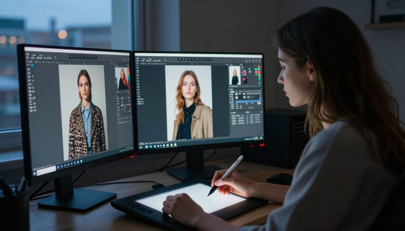 Woman at dual-monitor workstation editing high-resolution fashion portrait at dusk
