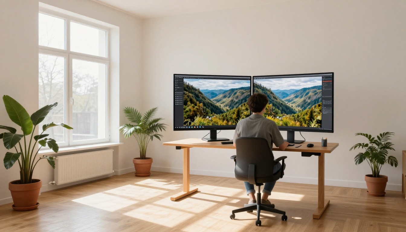 Bright Scandinavian home office with person editing before-and-after landscape photos on an ultra-wide monitor