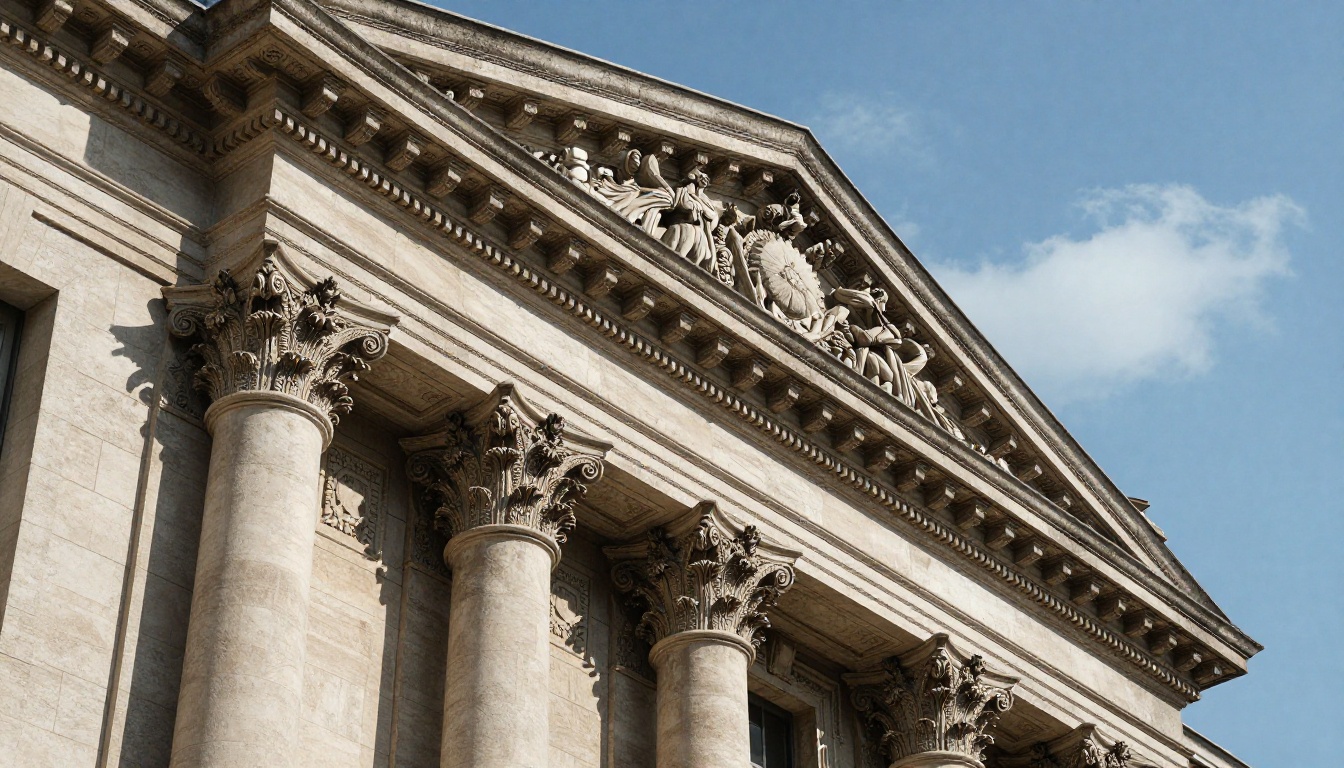 Low-angle architectural detail showing carved stone columns with extraordinary sharpness