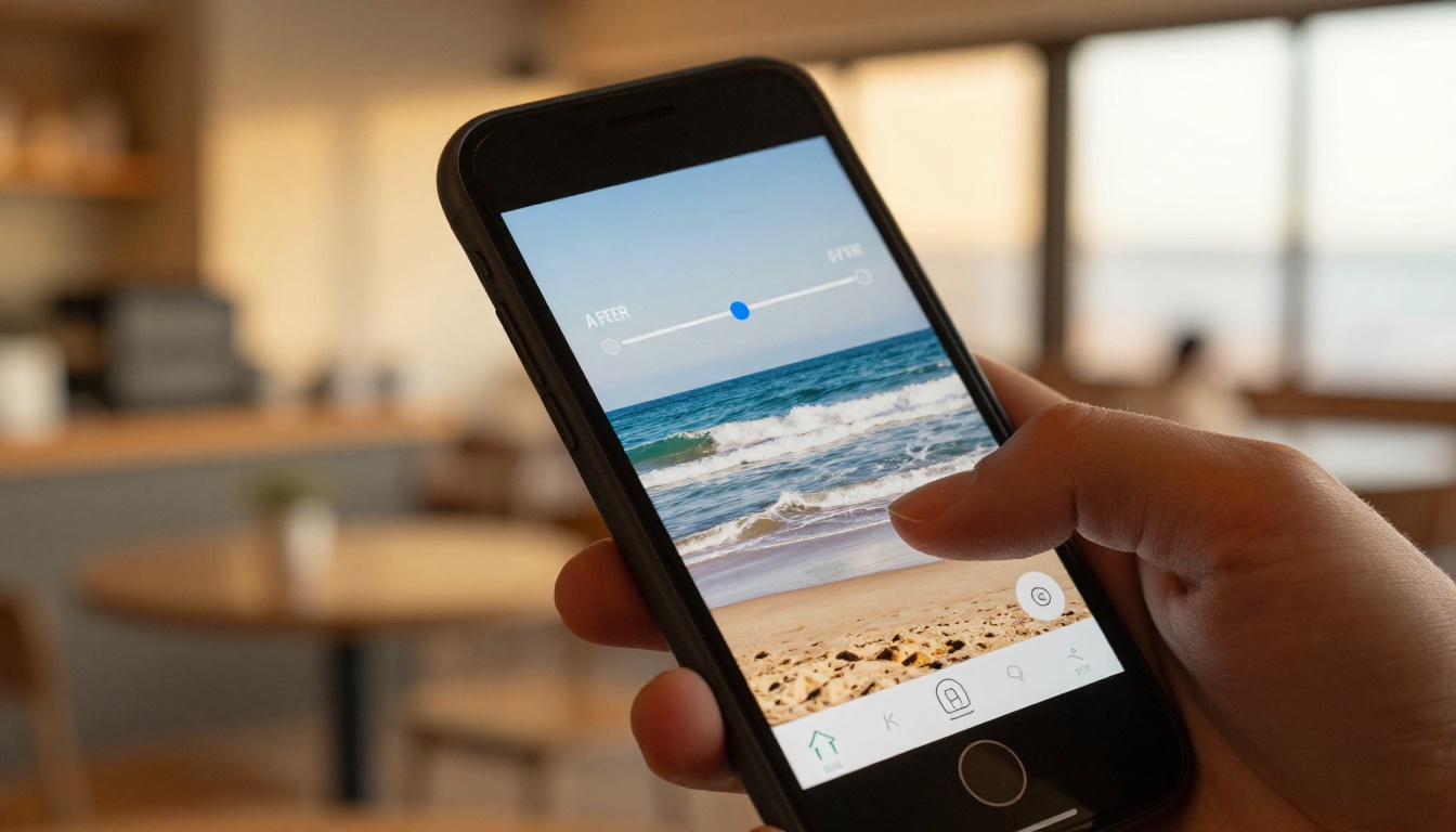 Smartphone displaying an interactive before-and-after slider on a coastal beach photo in a warm cafe