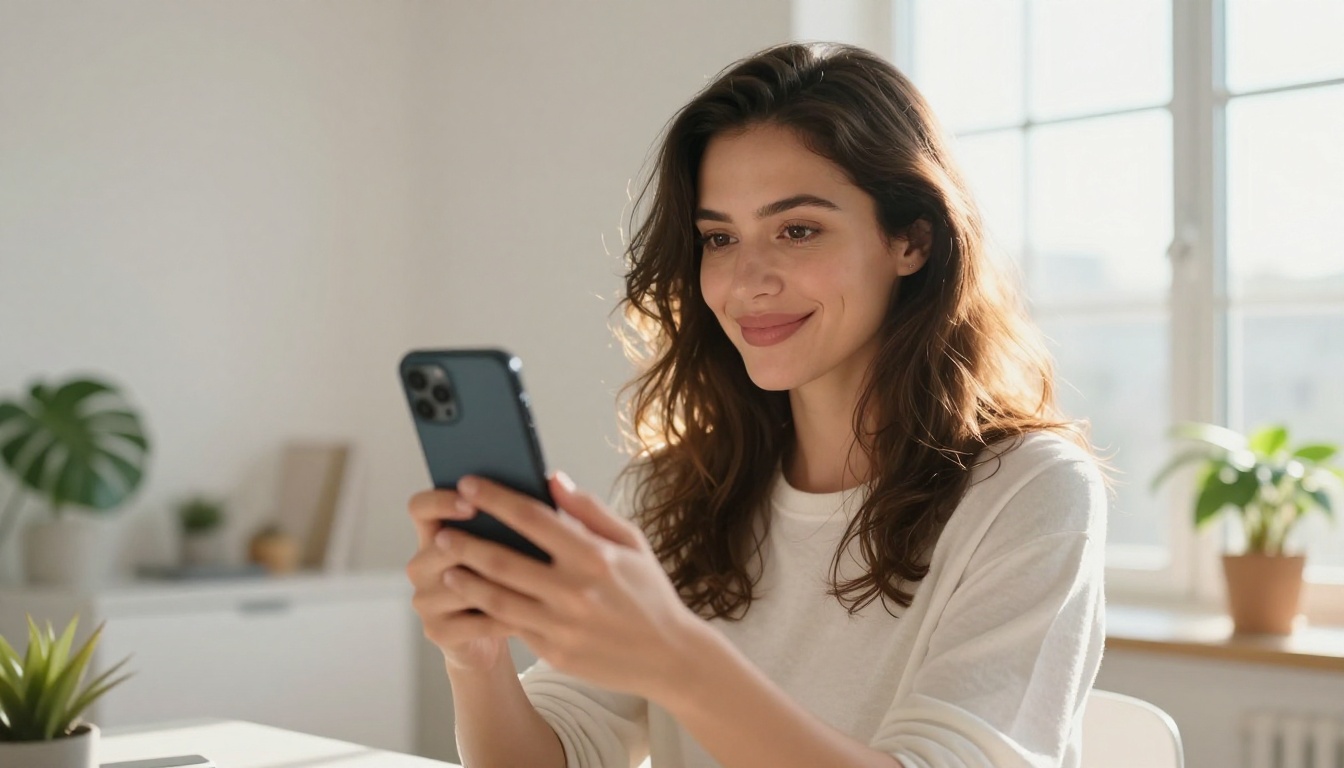 Confident influencer holding smartphone displaying her dubbed video in bright minimalist home office
