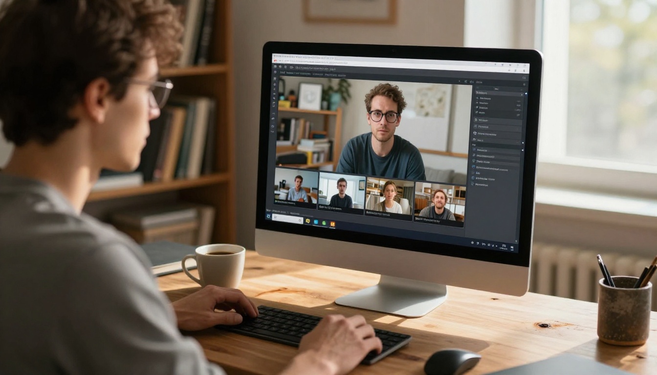 Content creator reviewing multilingual video output on desktop monitor with coffee on wooden desk