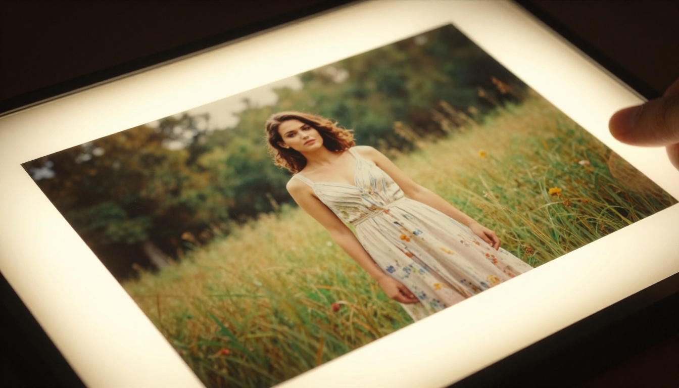 Printed blurry photograph on a warm light box illuminator with photographer's hands visible at the edges