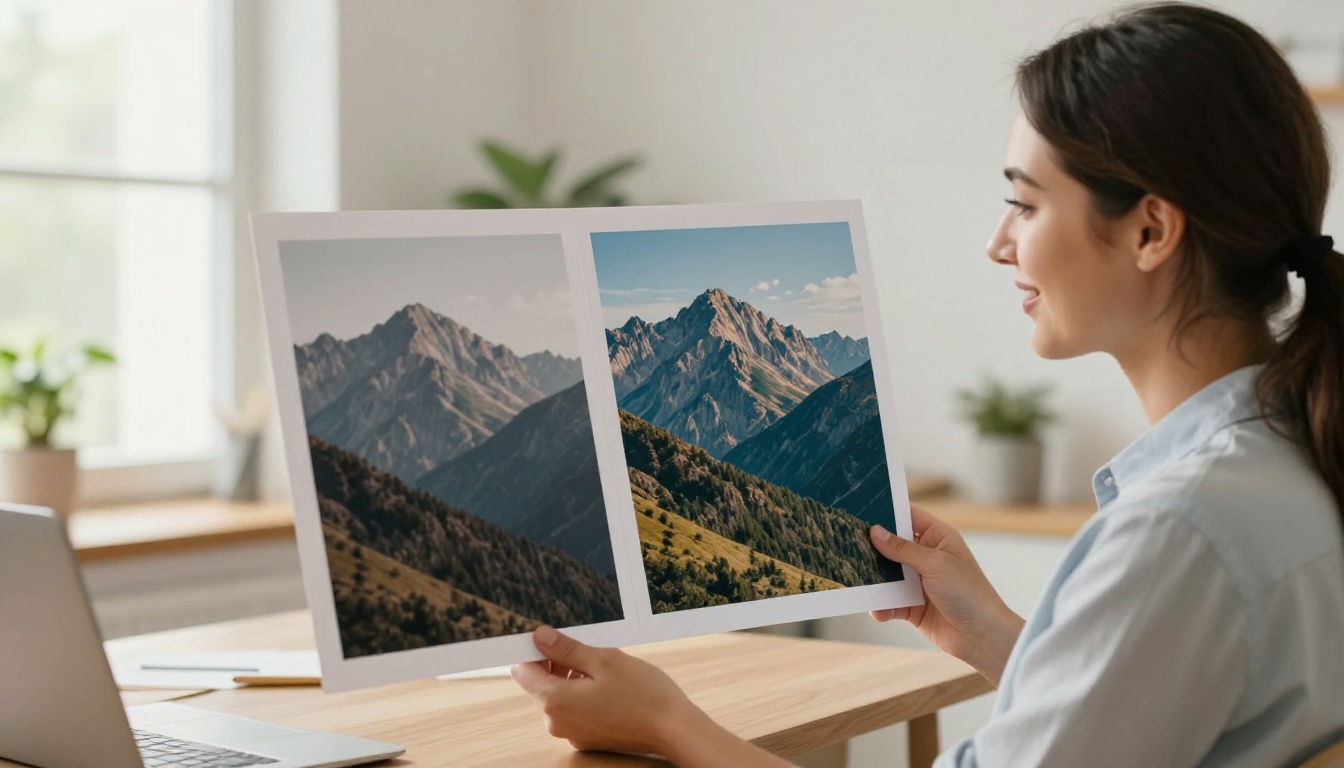 Professional woman in a bright creative studio smiling while holding a printed before-and-after photo comparison