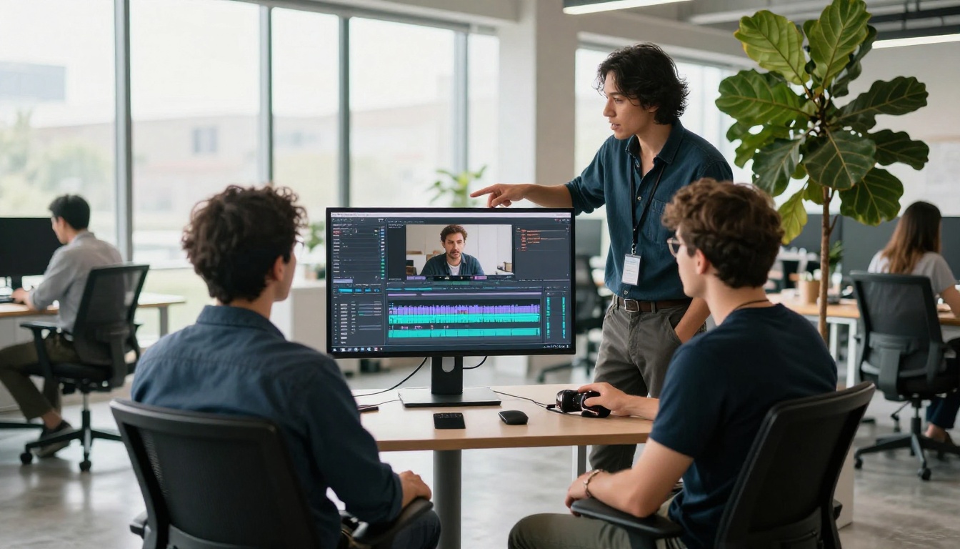 Three professionals reviewing lipsync output on a large office monitor Three professionals reviewing lipsync output on a large office monitor