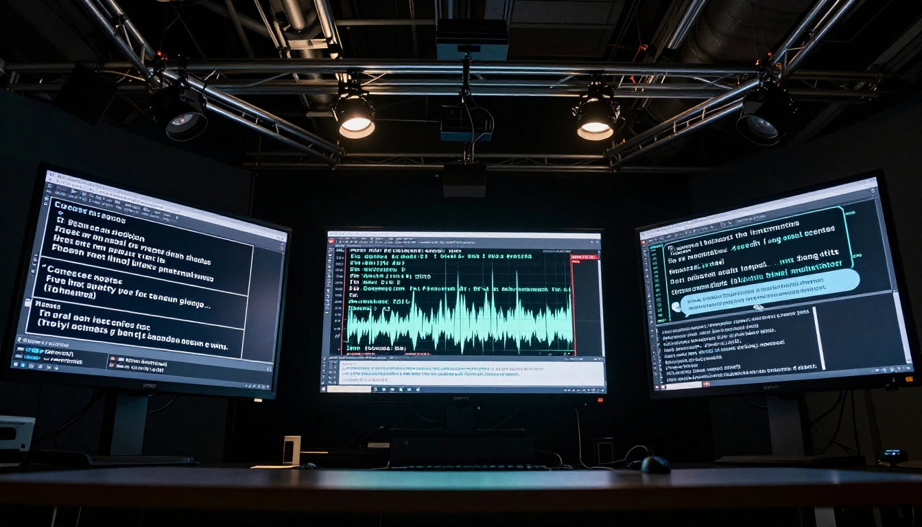 Three large production screens displaying speech content in Spanish, Japanese, and Arabic scripts