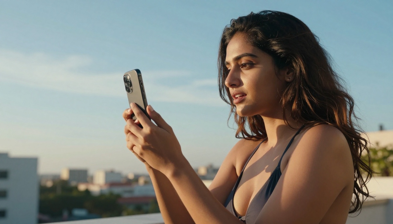 South Asian woman filming herself speaking on a rooftop at golden hour