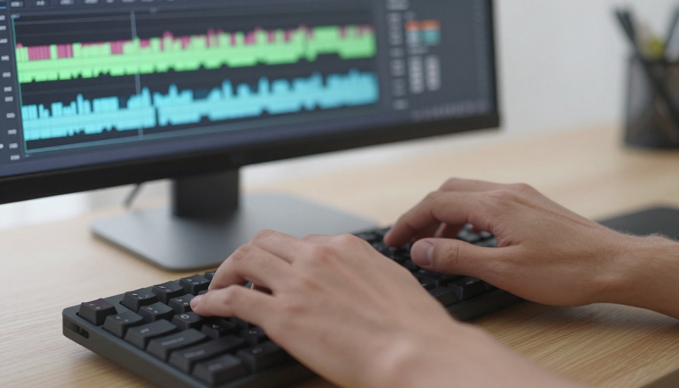 Hands editing audio tracks on keyboard with multilingual video timeline visible on monitor