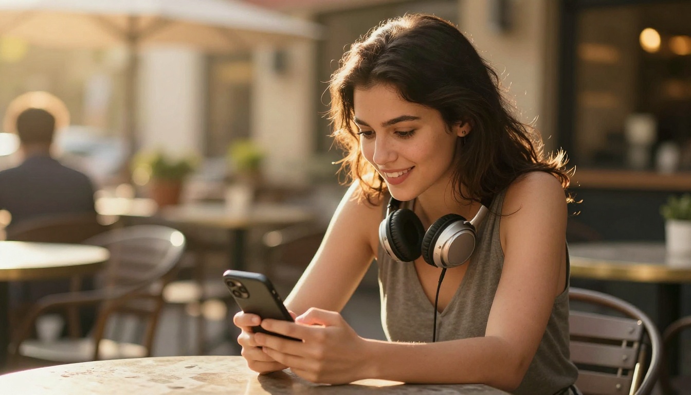 Young woman at outdoor café discovering multilingual character videos on her smartphone in golden afternoon light