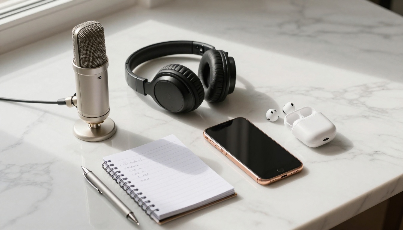Professional audio equipment flat lay on white marble, microphone and headphones