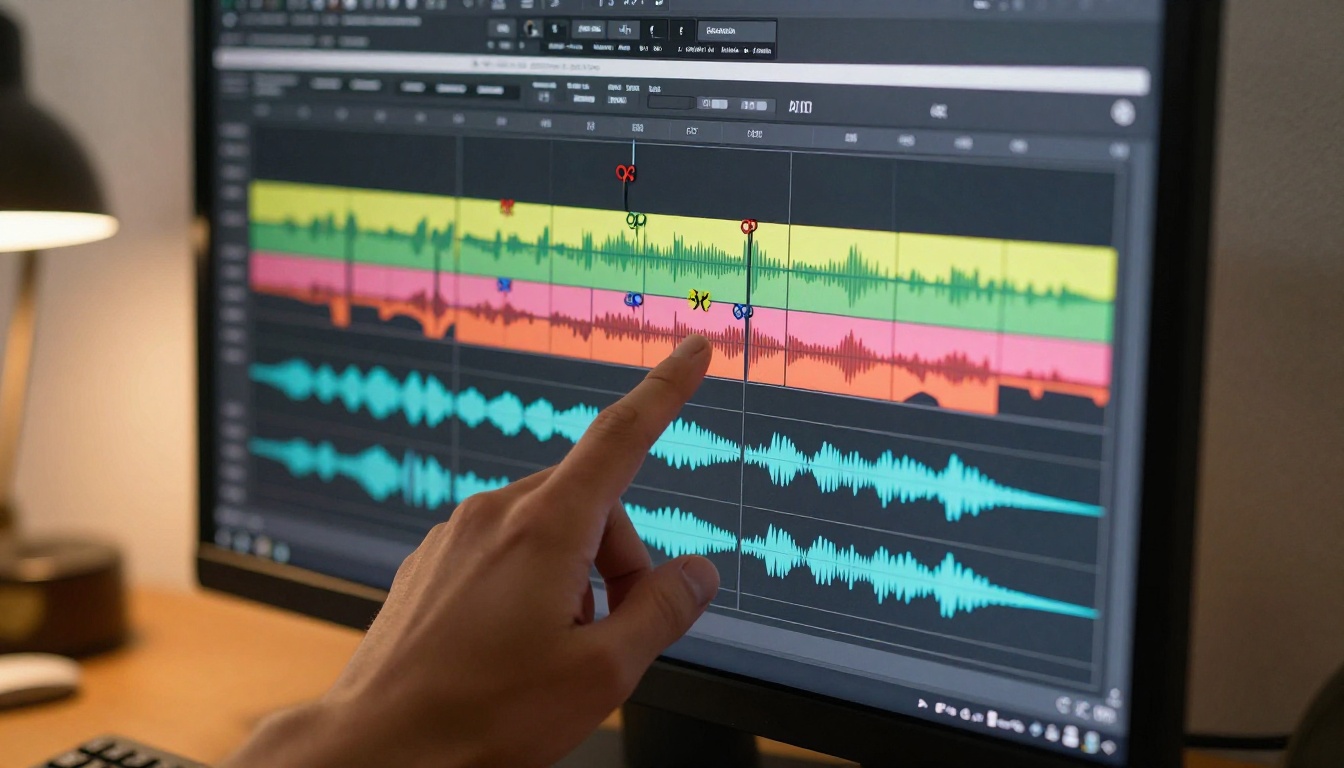 Video editing timeline with AI cut markers on a professional workstation