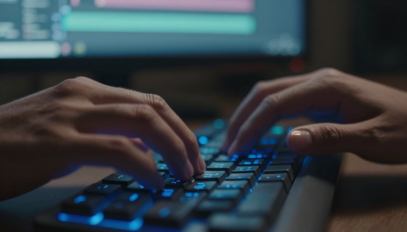 Video editor working rapidly on a dark studio keyboard with monitor glow