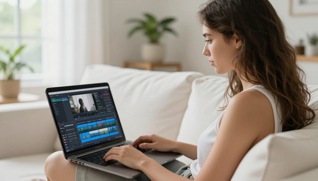 Content creator editing clips on a laptop in a relaxed home environment