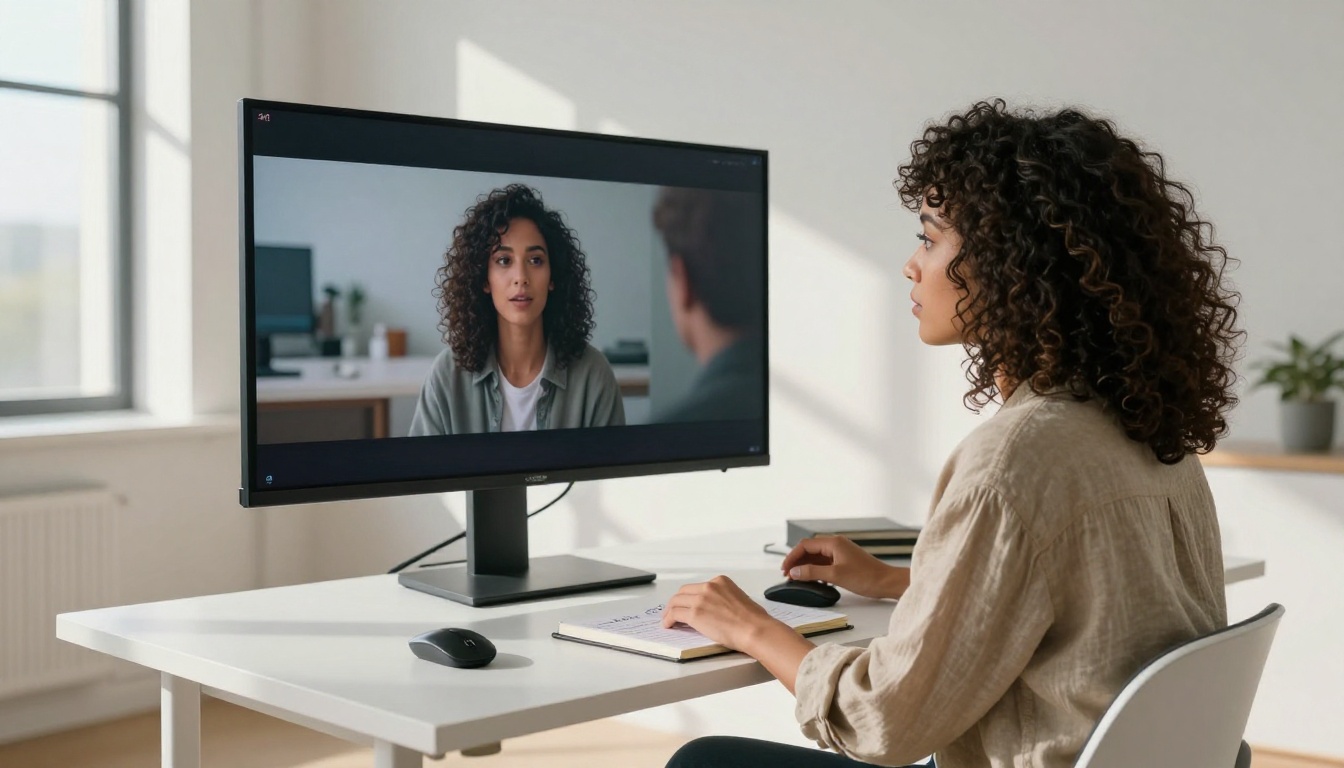Woman with curly hair reviewing video footage on a large screen in a daylight studio