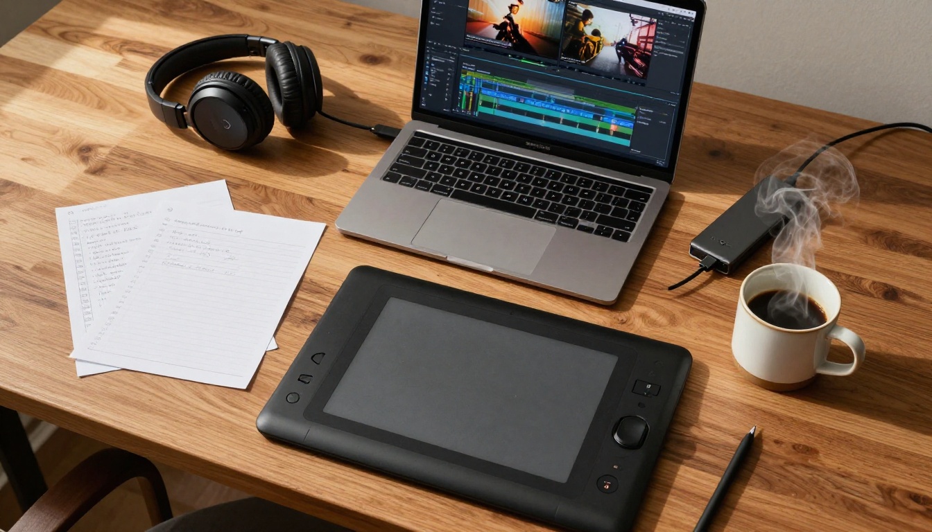 Overhead flat-lay of video editor workspace with laptop, tablet, headphones, and coffee mug