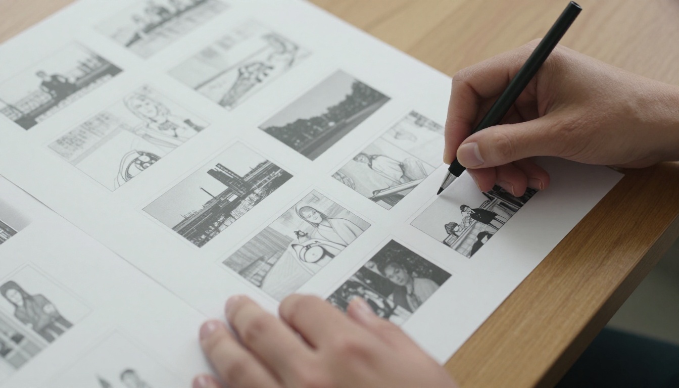 Aerial view of storyboard strips and video frames organized on a desk surface