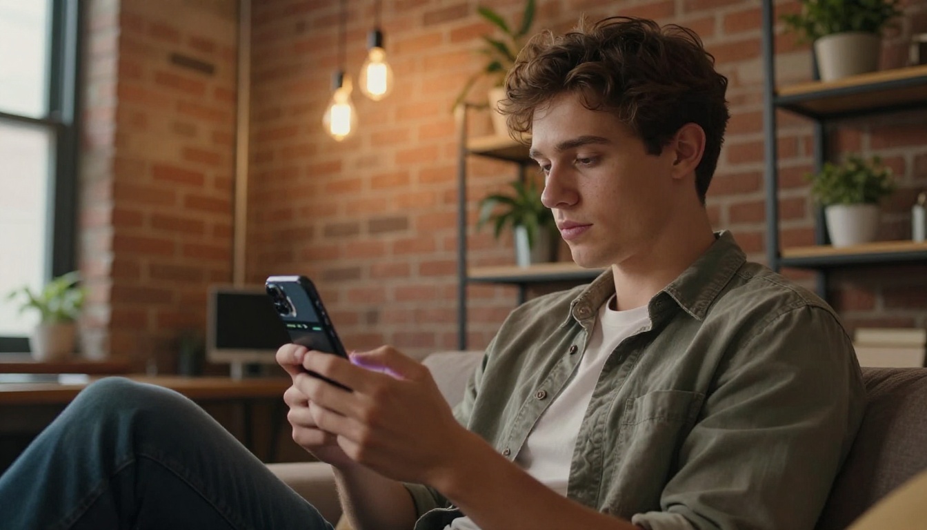 Young man on studio couch editing short-form video on a smartphone with warm pendant lighting
