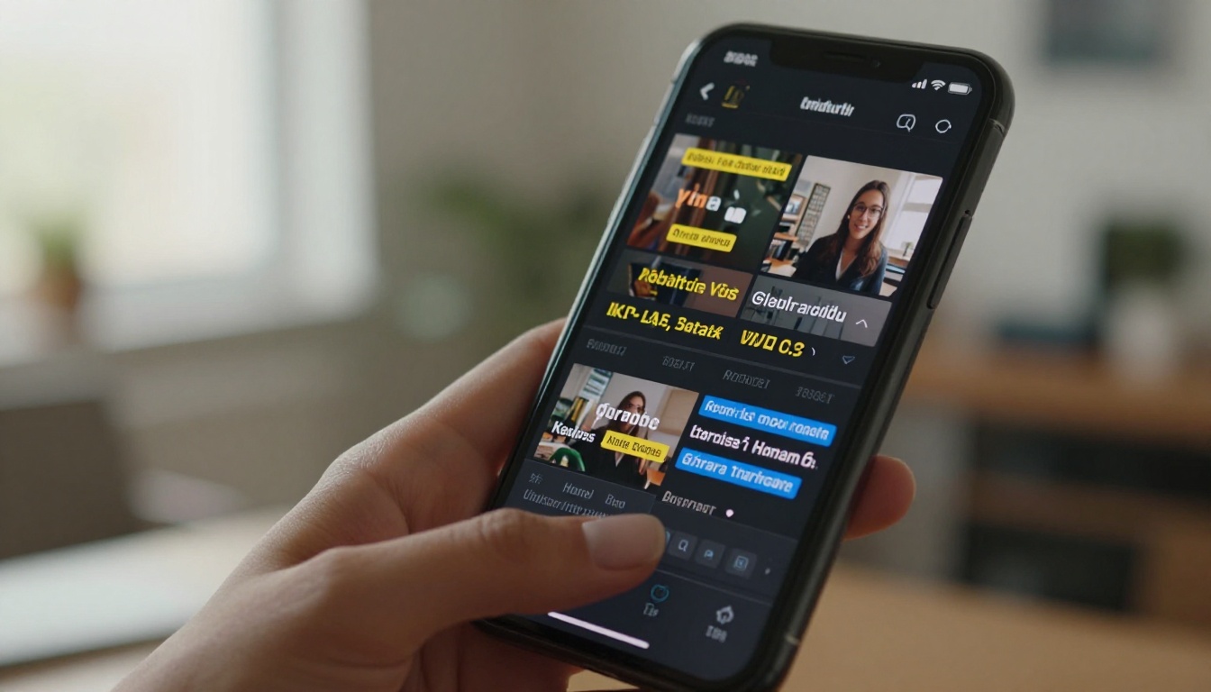 Smartphone screen showing video with colorful automatic caption overlays held in a woman's hand