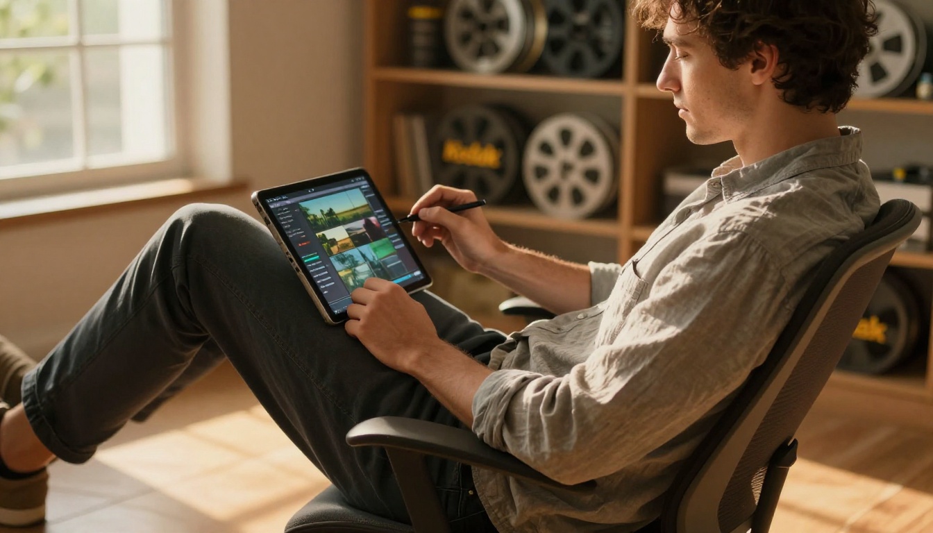 Video editor reviewing tablet footage with stylus in warm afternoon sunlight