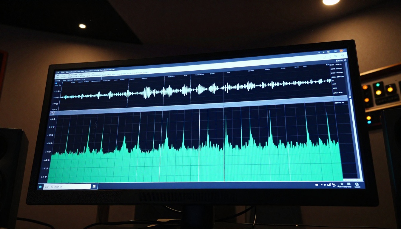 Large professional monitor showing audio waveform and spectrum analyzer in a dim studio with ambient equipment lights