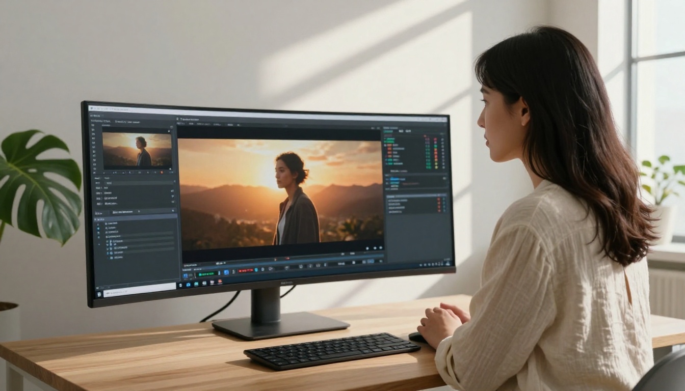 Creative director woman standing at ultra-wide curved monitor reviewing a color-graded video frame in afternoon sunlight