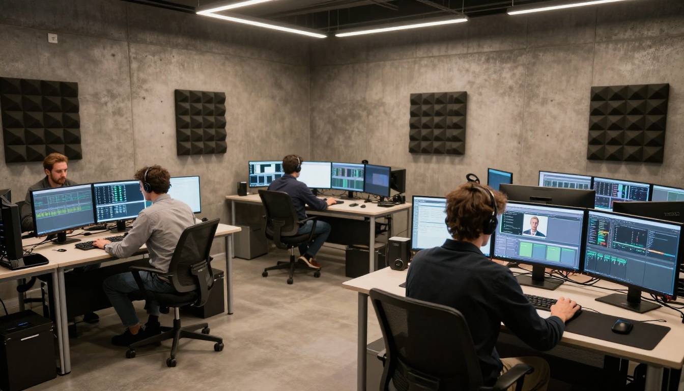 Wide shot of a modern video production studio with multiple editors working at monitor setups Wide shot of a modern video production studio with multiple editors working at monitor setups