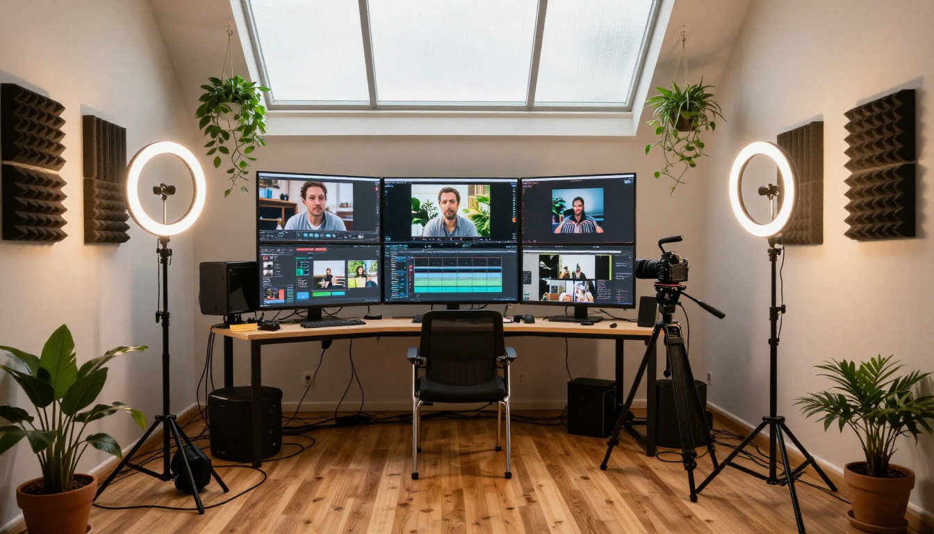Wide interior shot of a professional content creation studio with multiple screens, ring lights, camera equipment, and plants