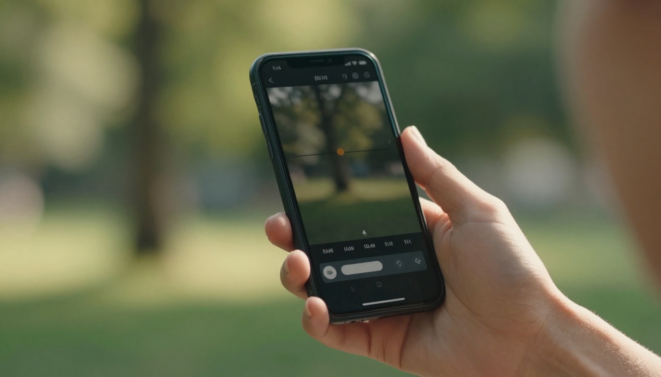 Smartphone held in a hand outdoors showing video trimming interface with timestamp controls Smartphone held in a hand outdoors showing video trimming interface with timestamp controls