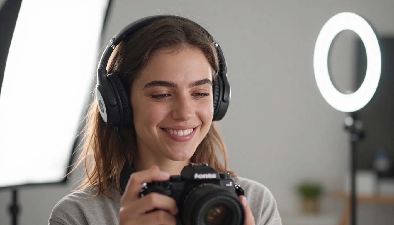 Smiling young woman content creator with headphones and camera in a softbox-lit home studio