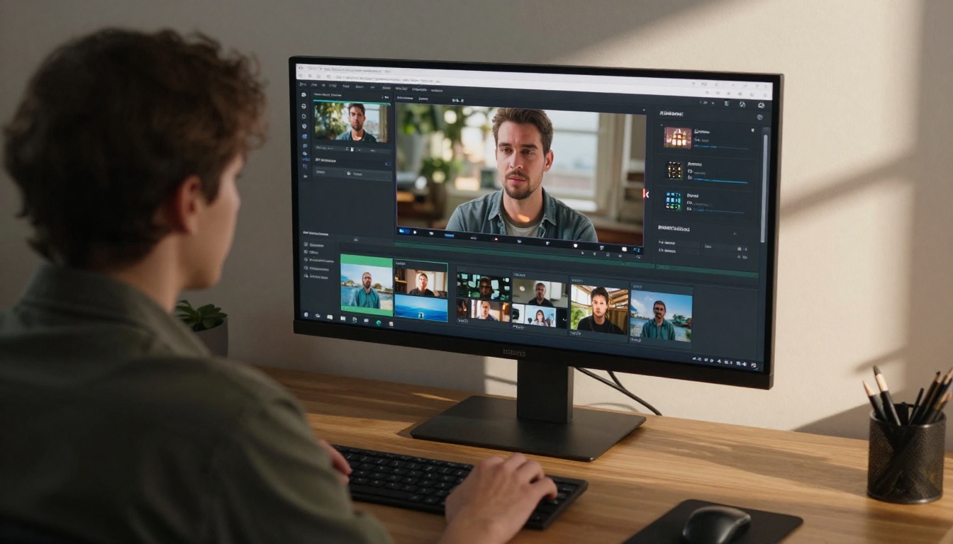 Over-the-shoulder view of creator uploading trimmed video clips to a platform on a curved monitor Over-the-shoulder view of creator uploading trimmed video clips to a platform on a curved monitor