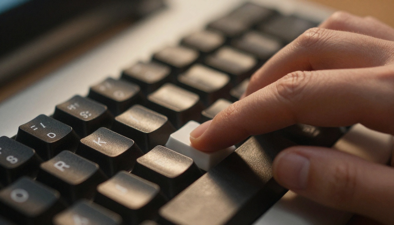 Extreme close-up of fingers on J K L video editing keyboard shortcuts on a mechanical keyboard Extreme close-up of fingers on J K L video editing keyboard shortcuts on a mechanical keyboard