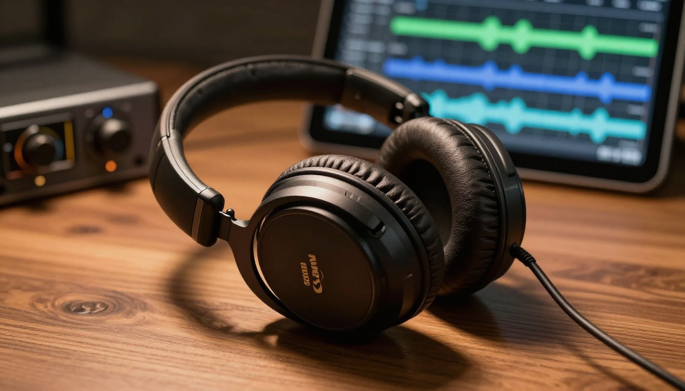 Studio headphones on a walnut desk beside a professional audio interface