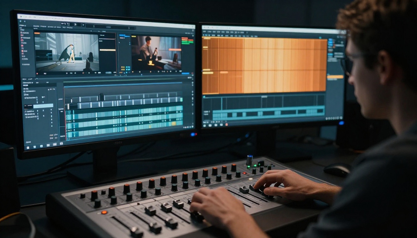 Video editor working at dual monitors in a dark professional editing suite