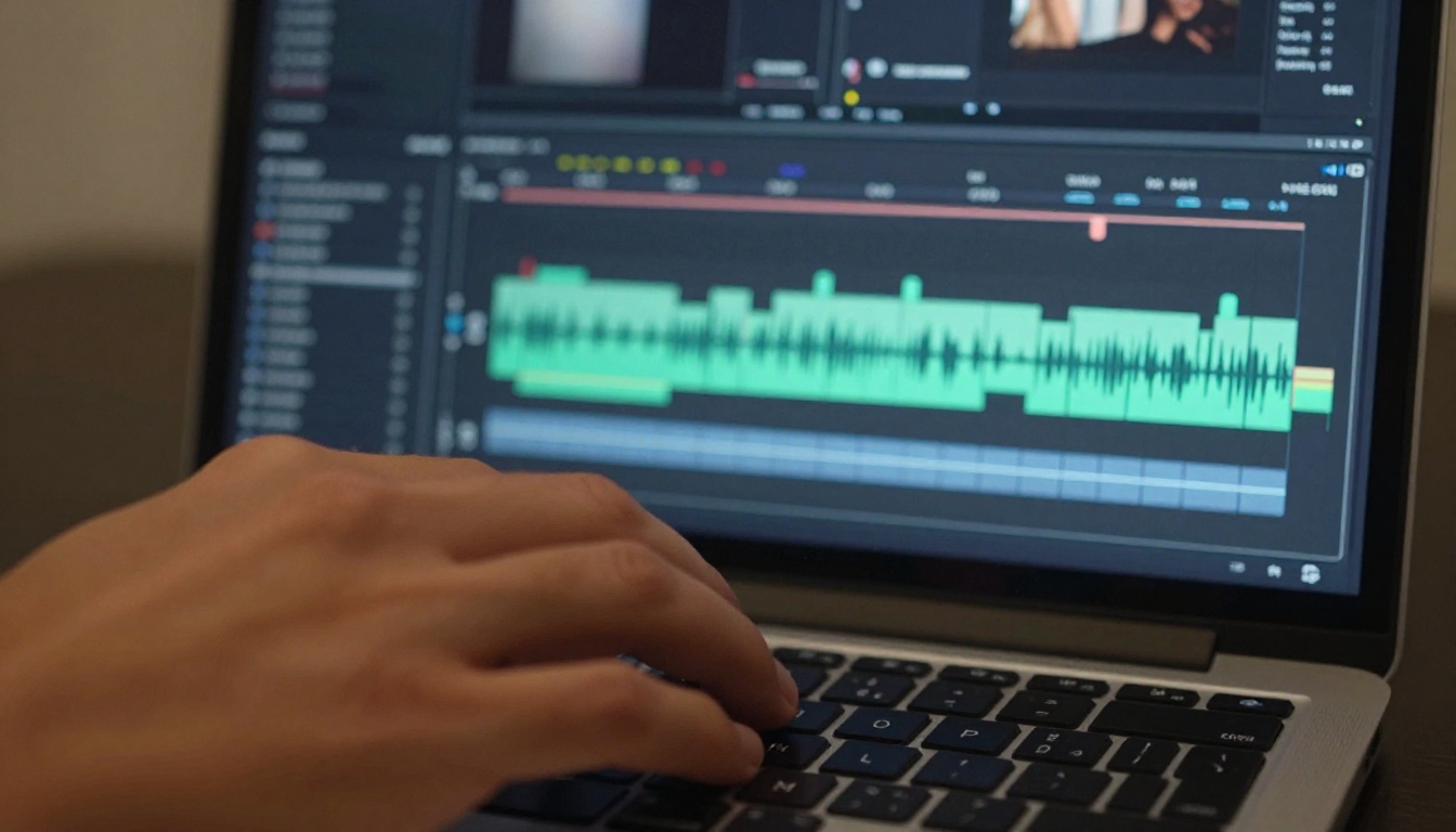 Close-up of video editing timeline with clip tracks and waveform
