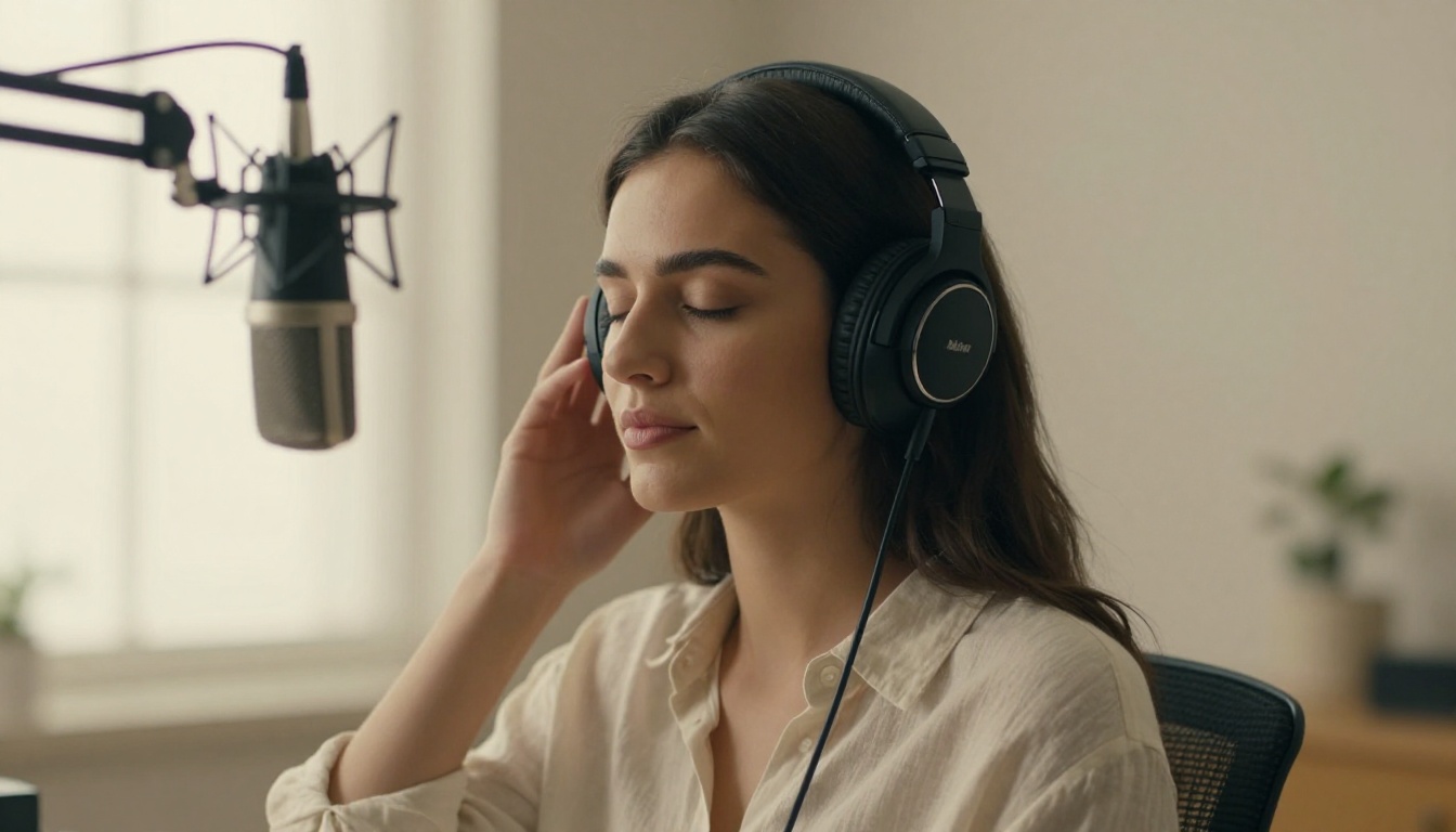 Woman listening with headphones, eyes closed, evaluating audio quality in a studio