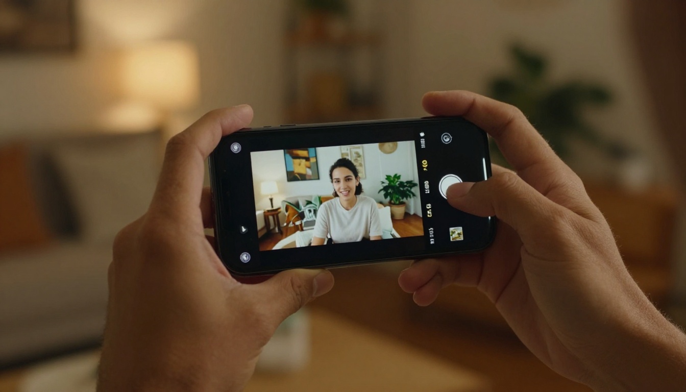 Hands holding smartphone showing short-form video playing