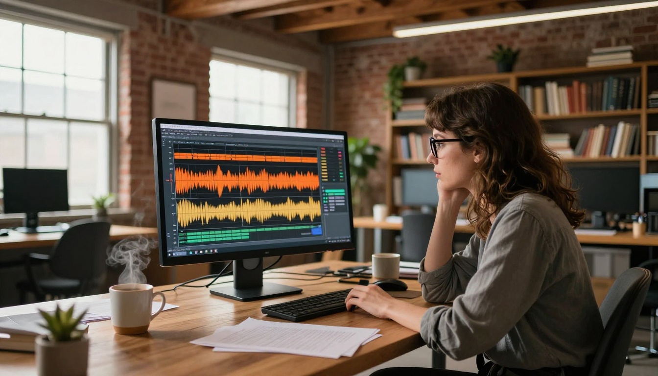 A woman analyzing audio waveforms on a large monitor in a warm loft studio office