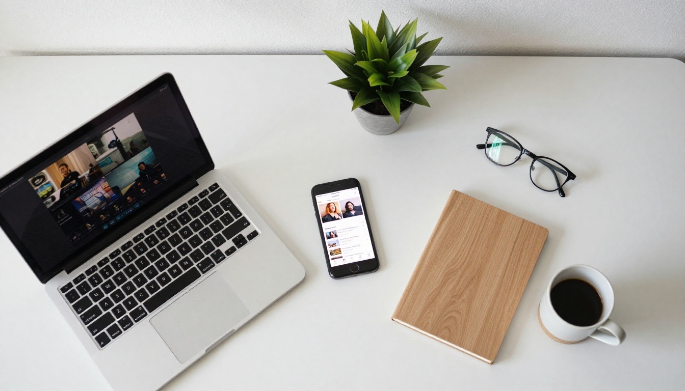 Overhead flat-lay of workspace with laptop and smartphone showing video content