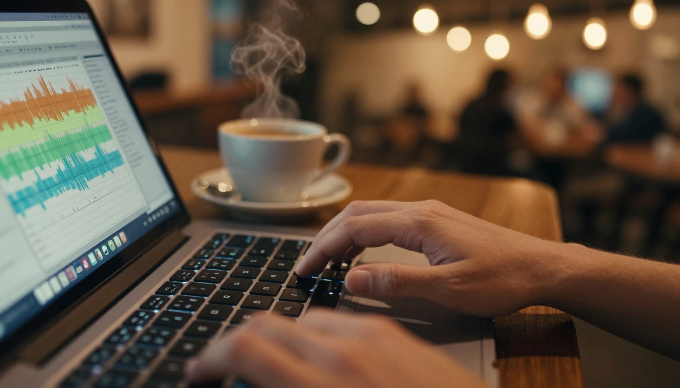 Close-up of hands typing on a laptop showing an audio waveform interface in a warm coffee shop