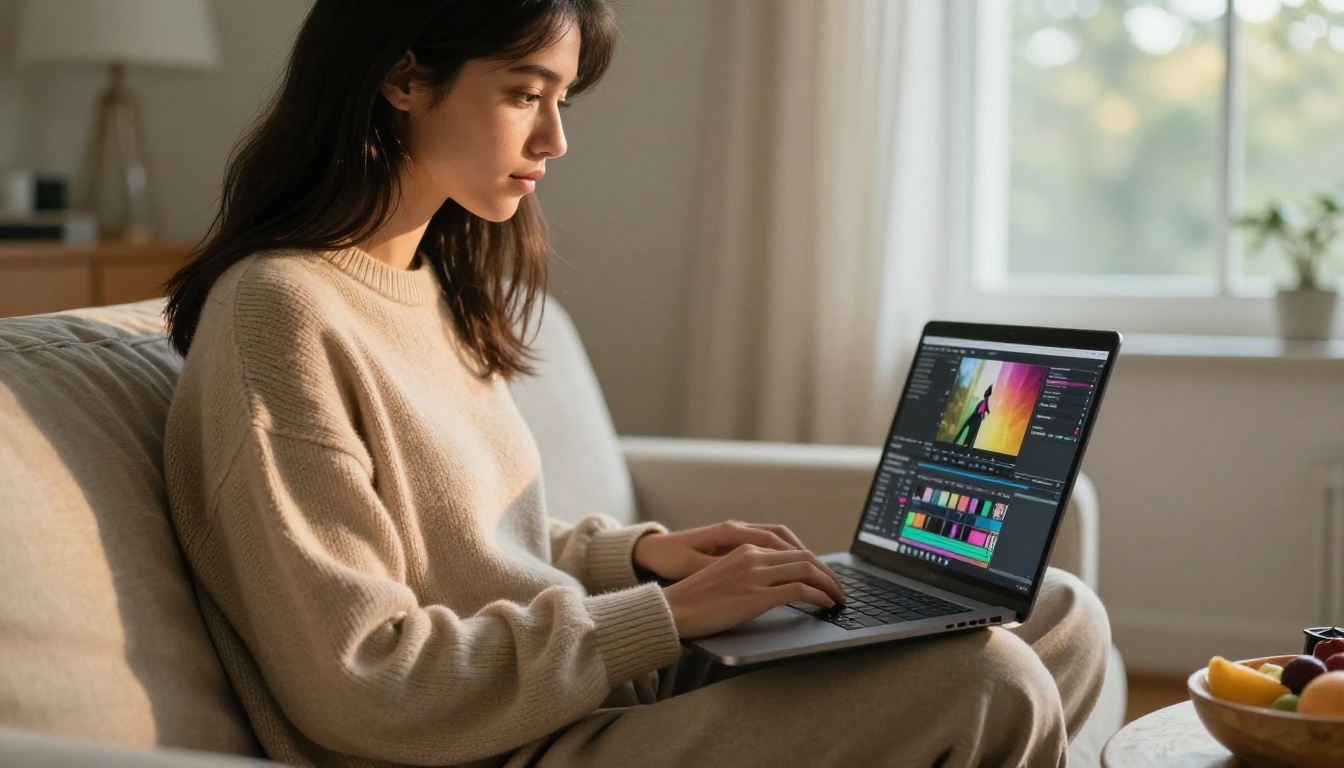 Content creator reviewing short clips on a laptop