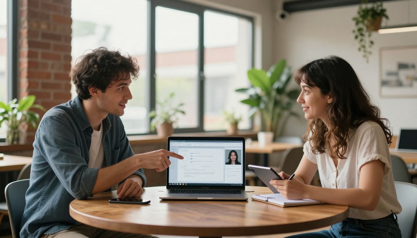 Two video creators enthusiastically reviewing AI voice results on a shared laptop