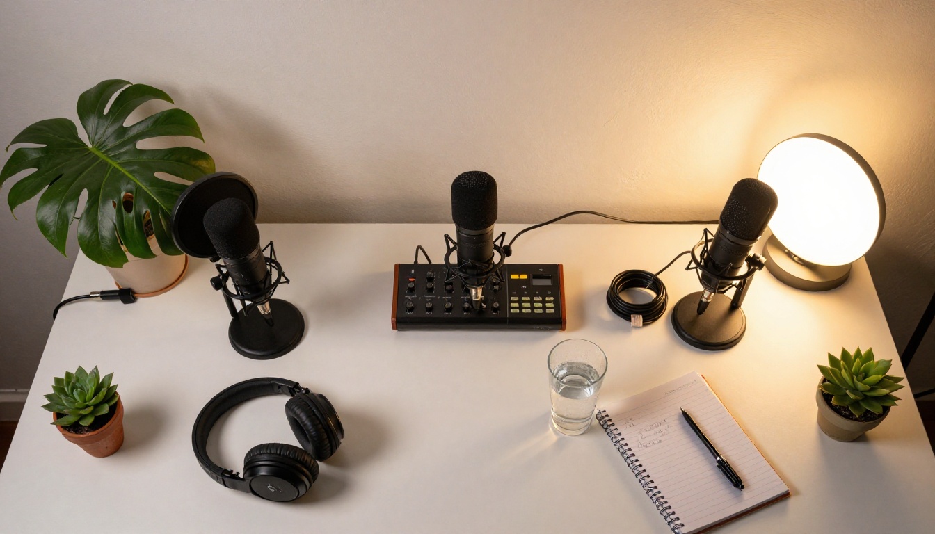 A podcast recording desk shot from above showing microphones, headphones, notebook and mixing console
