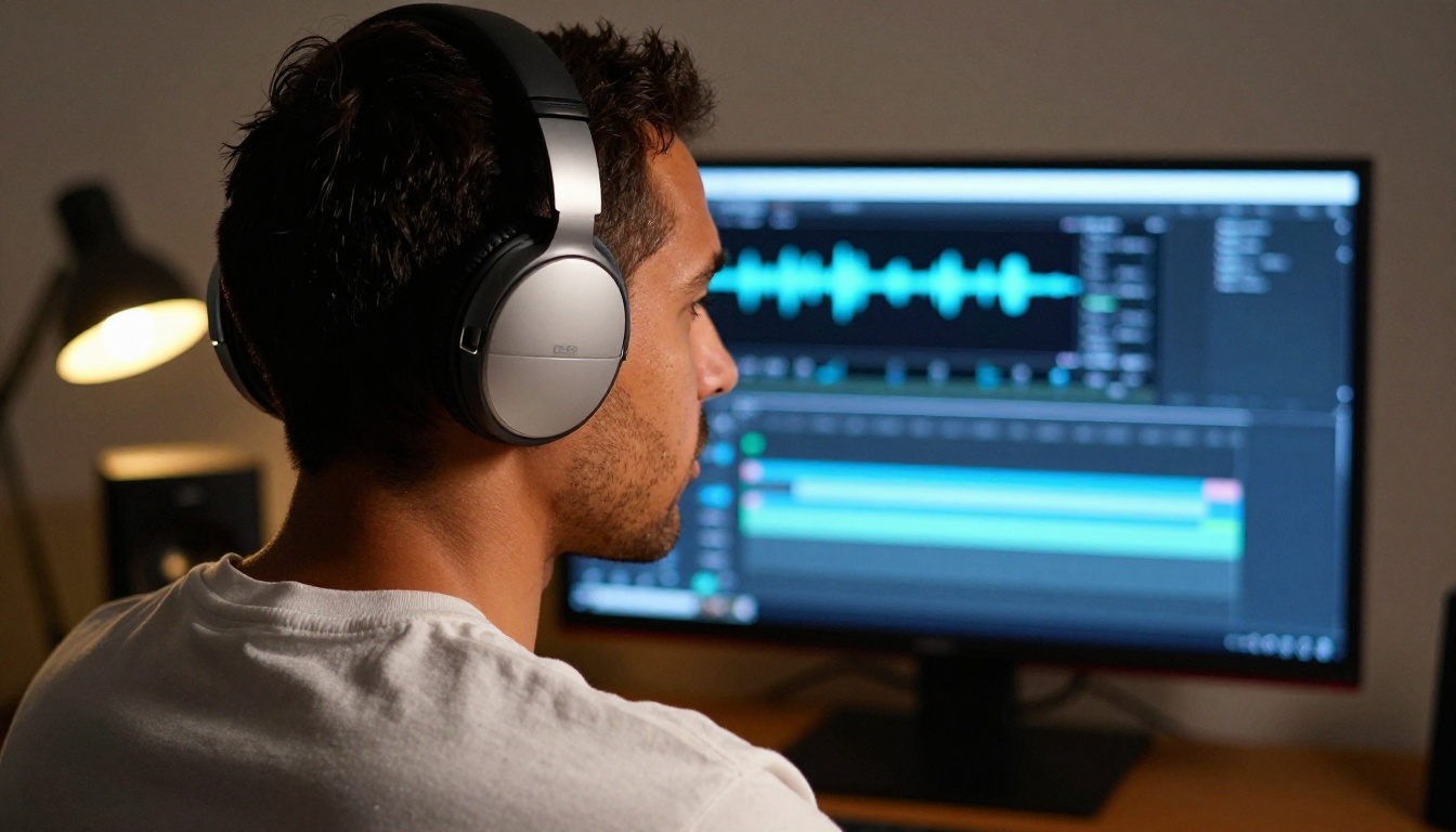 Man with headphones editing video audio waveforms on large monitor