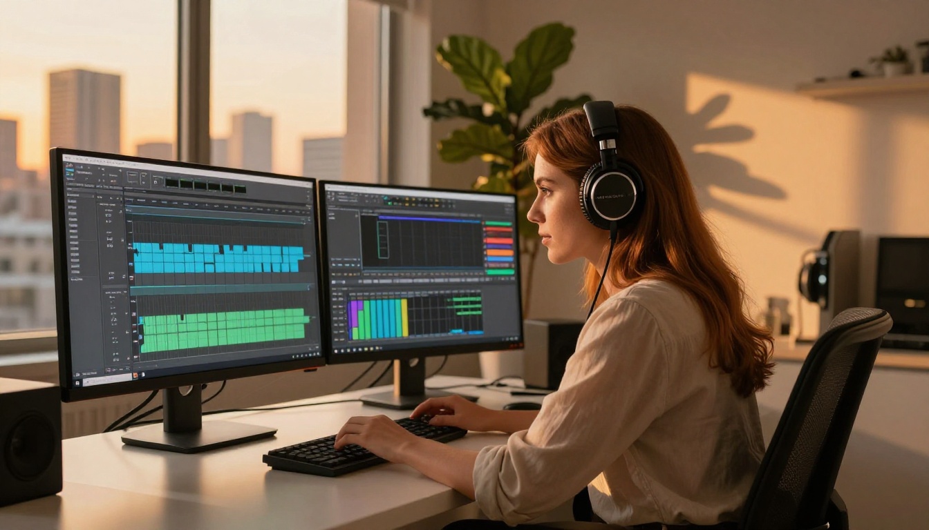 A woman with auburn hair wearing studio headphones editing audio in front of two monitors at golden hour