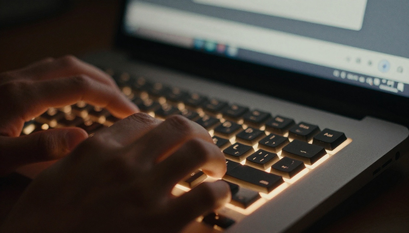 Hands typing on a backlit mechanical keyboard with a TTS interface visible on screen