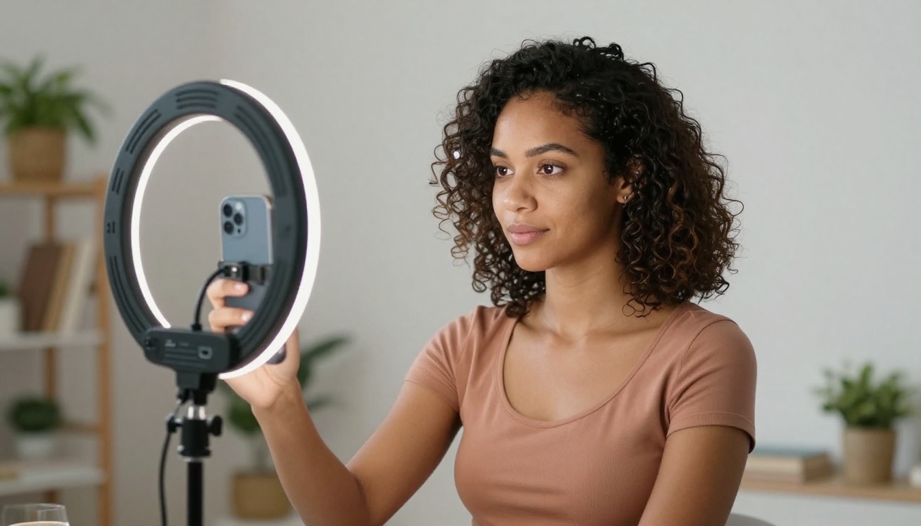 Female content creator filming herself with ring light in home studio