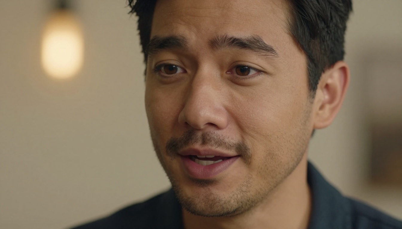 A close-up portrait of a man mid-speech with warm studio lighting and extremely detailed skin texture