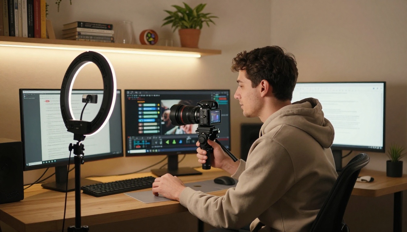 Home YouTube studio creator reviewing content on monitor with TTS software open on a second screen