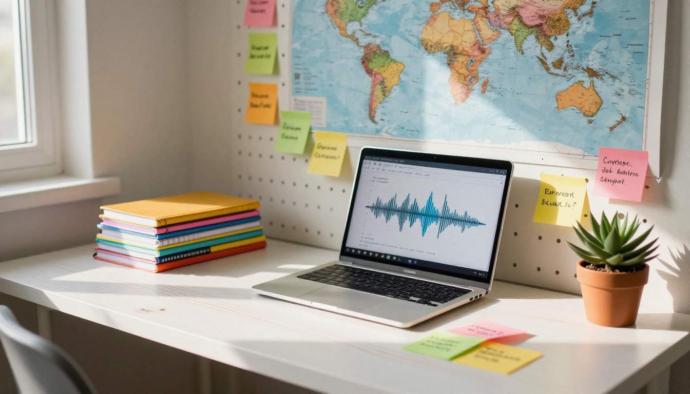 A multilingual content creator workspace with sticky notes in different languages, a laptop showing a voice generation interface, and warm morning light