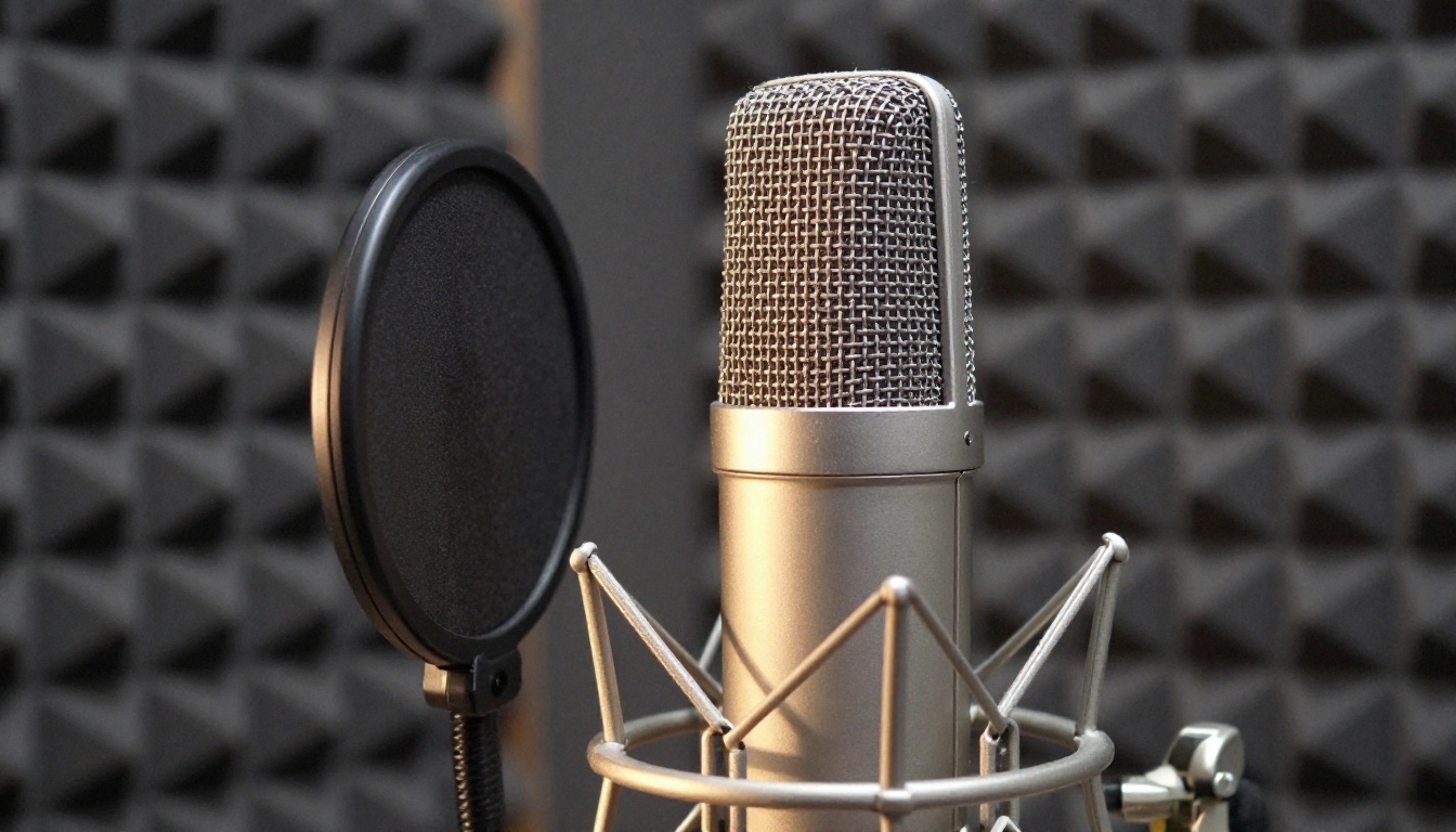 Professional condenser microphone on shock mount in a home recording studio